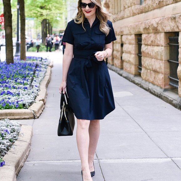 Cynthia Steffe Maya Tie Waist Fit Flare Shirtdress Navy Blue Career Size 6 - Picture 9 of 13